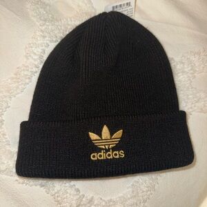NWT Adidas Originals Black Beanie with Gold Trefoil logo